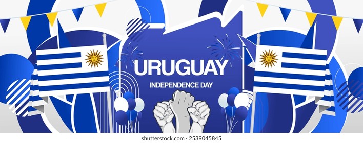 Bandeira festiva do Dia da Independência do Uruguai. Modelos modernos vibrantes para comemoração de feriado, cartão de saudação, outdoor e cenários de eventos esportivos. 25 de agosto. Feliz Dia Nacional do Uruguai