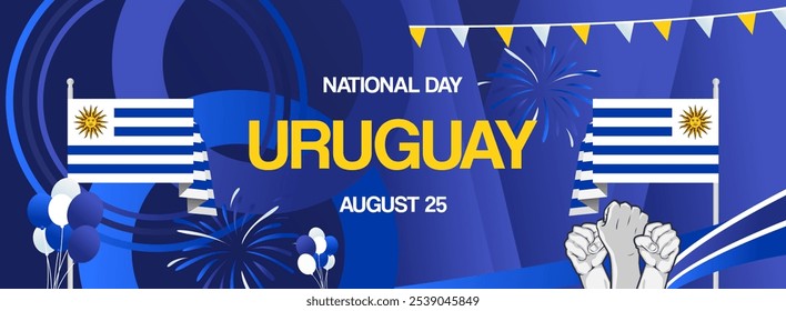 Bandeira festiva do Dia da Independência do Uruguai. Modelos modernos vibrantes para comemoração de feriado, cartão de saudação, outdoor e cenários de eventos esportivos. 25 de agosto. Feliz Dia Nacional do Uruguai