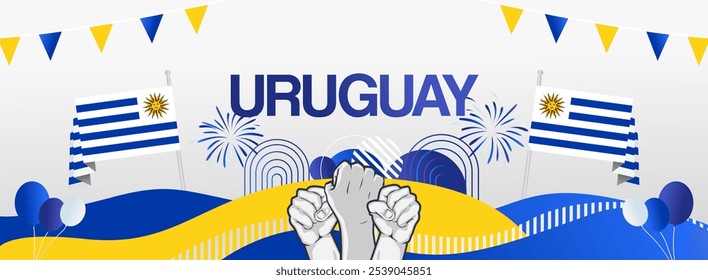 Bandeira festiva do Dia da Independência do Uruguai. Modelos modernos vibrantes para comemoração de feriado, cartão de saudação, outdoor e cenários de eventos esportivos. 25 de agosto. Feliz Dia Nacional do Uruguai