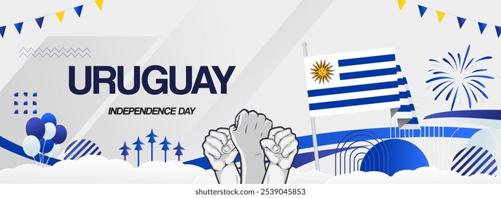 Bandeira festiva do Dia da Independência do Uruguai. Modelos modernos vibrantes para comemoração de feriado, cartão de saudação, outdoor e cenários de eventos esportivos. 25 de agosto. Feliz Dia Nacional do Uruguai