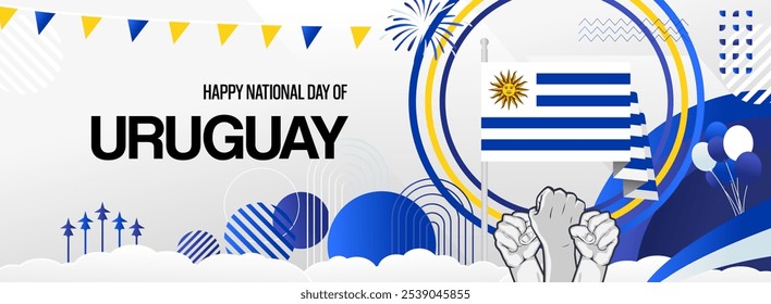 Bandeira festiva do Dia da Independência do Uruguai. Modelos modernos vibrantes para comemoração de feriado, cartão de saudação, outdoor e cenários de eventos esportivos. 25 de agosto. Feliz Dia Nacional do Uruguai