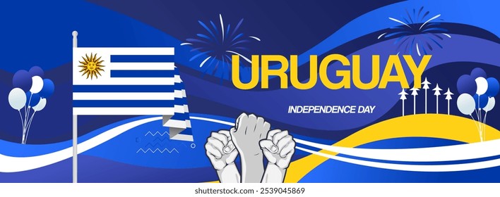 Bandeira festiva do Dia da Independência do Uruguai. Modelos modernos vibrantes para comemoração de feriado, cartão de saudação, outdoor e cenários de eventos esportivos. 25 de agosto. Feliz Dia Nacional do Uruguai