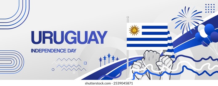 Bandeira festiva do Dia da Independência do Uruguai. Modelos modernos vibrantes para comemoração de feriado, cartão de saudação, outdoor e cenários de eventos esportivos. 25 de agosto. Feliz Dia Nacional do Uruguai