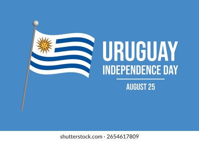 Uruguay Independence Day poster vector illustration. Waving flag of Uruguay on a pole icon. Uruguaian Flag symbol. Template for background, banner, card. 25 August. Important day
