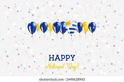 Uruguay Independence Day Sparkling Patriotic Poster. Row of Balloons in Colors of the Uruguayan Flag. Greeting Card with National Flags, Confetti and Stars.