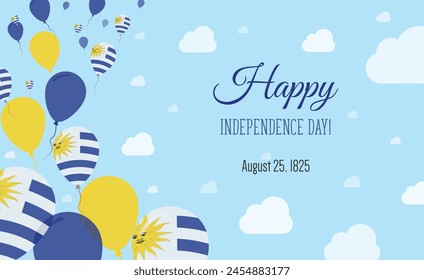 Uruguay Independence Day Sparkling Patriotic Poster. Row of Balloons in Colors of the Uruguayan Flag. Greeting Card with National Flags, Blue Skyes and Clouds.