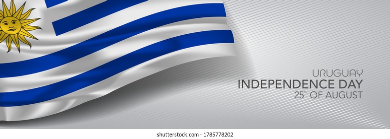 Uruguay independence day vector banner, greeting card. Uruguayan wavy flag in 25th of August national patriotic holiday horizontal design