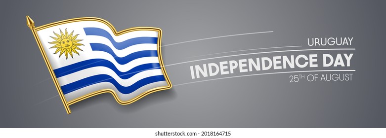 Banner vectorial del día de la independencia de Uruguay, tarjeta de saludo. Bandera ondulada uruguaya en el 25 de agosto de fiesta patriótica diseño horizontal con insignia realista