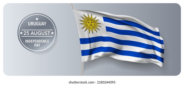 Banner vectorial del día de la independencia de Uruguay, tarjeta de saludo. Bandera ondulada uruguaya en el 25 de agosto Día Nacional Patriótico diseño horizontal