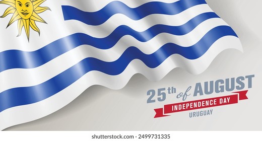 Uruguay independence day vector banner, greeting card. Uruguayan wavy flag in 25th of August national patriotic holiday horizontal design