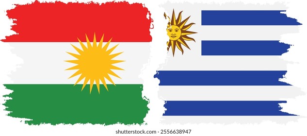 Uruguay and  Kurdistan grunge flags connection, vector