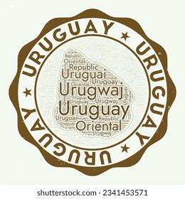 Uruguay logo. Amazing country badge with word cloud in shape of Uruguay. Round emblem with country name. Classy vector illustration.