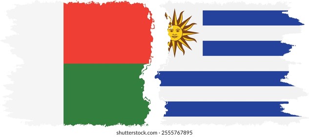 Uruguay and Madagascar grunge flags connection, vector