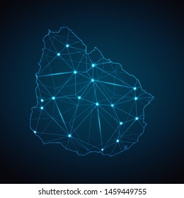 Uruguay Map - Abstract geometric mesh polygonal network line, structure and point scales on dark background with lights in the form of cities. Vector illustration eps 10.