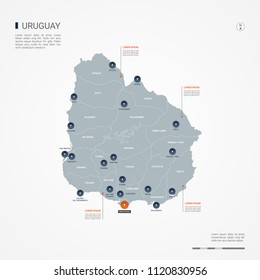 Uruguay map with borders, cities, capital Montevideo and administrative divisions. Infographic vector map. Editable layers clearly labeled.