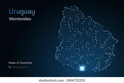 Uruguay Karte mit einer Hauptstadt von Montevideo in einem Mikrochip Muster gezeigt. E-Government. TSMC. Weltländer-Vektorkarten. Mikrochip-Reihe	