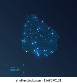 Uruguay map with cities. Luminous dots - neon lights on dark background. Vector illustration. 