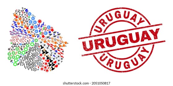 Uruguay map collage and distress Uruguay red circle stamp imitation. Uruguay badge uses vector lines and arcs. Uruguay map collage includes markers, houses, screwdrivers, suns, people,