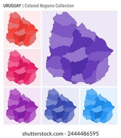 Colección del mapa de Uruguay. Forma de Country con regiones de color. Paletas de colores Deep Purple, Red, Pink, Purple, Indigo, Blue. Frontera de Uruguay con provincias para su infografía. Ilustración vectorial.