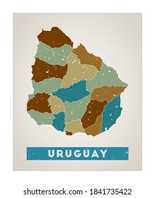 Uruguay map. Country poster with regions. Old grunge texture. Shape of Uruguay with country name. Creative vector illustration.