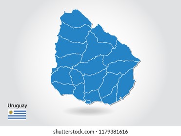 Uruguay map design with 3D style. Blue Uruguay map and National flag. Simple vector map with contour, shape, outline, on white.
