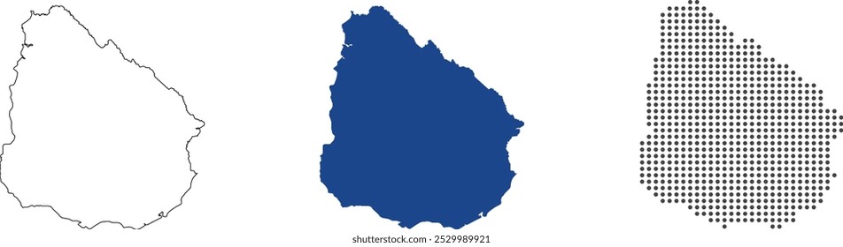 Mapa do Uruguai detalhado em contorno, cor azul, estilo pontilhado