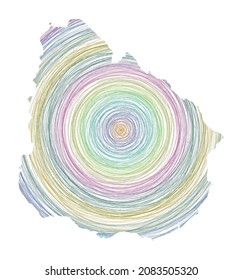 Mapa Uruguay lleno de círculos concéntricos. Esbozar círculos de estilo en forma del país. Ilustración vectorial.