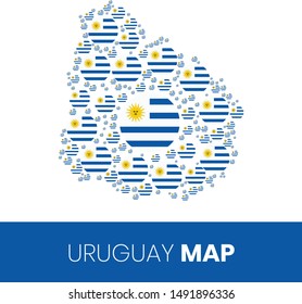 Uruguay map filled with flag-shaped circles, Uruguay map with flag