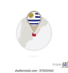 Uruguay map and flag in circle. Map of Uruguay, Uruguay flag pin. Map of Uruguay in the style of the globe. Vector Illustration.