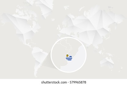 Uruguay map with flag in contour on white polygonal World Map. Vector Illustration.