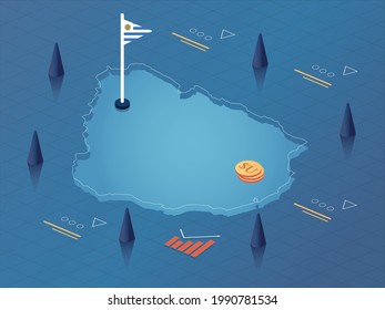 Uruguay Map, Flag and Currency Modern Isometric Business and Economy Vector Illustration Design