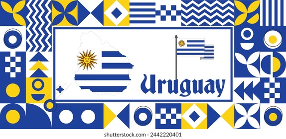 Uruguay Map flag independence day geometric Country web banner corporate abstract background design with flag theme. Country Vector Illustration