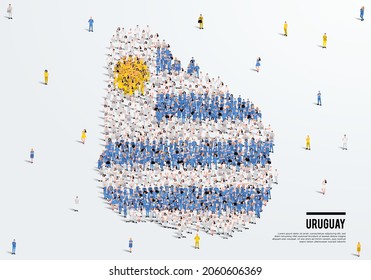 Uruguay Map and Flag. A large group of people in the Uruguay flag color form to create the map. Vector Illustration.