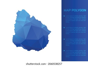 Mapa uruguayo de diseño moderno de estilo geométrico poligonal azul sobre fondo blanco. Mapa de ilustraciones vectoriales en un diseño poligonal geométrico azul moderno sobre fondo blanco. Ilustración vectorial.
