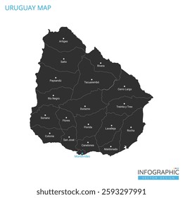 Uruguay map high detailed with administrative divide by state, capital cities names, outline simplicity style. Vector illustration EPS10.