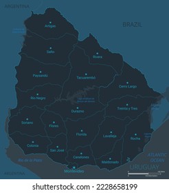 Uruguay-Karte. Hohe detaillierte Karte von Uruguay mit Ländern, Grenzen, Städten, Wasserobjekten. Vektorgrafik eps10.