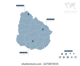 Mapa uruguayo de azul infográfico Localización del pin del navegador comprobando la posición del plan de información de comunicación.