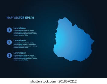 Uruguay map, infographic style , on dark background with Map World. Wire frame 3D mesh , map 3D,