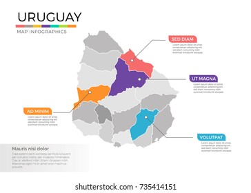 Uruguay map infographics vector template with regions and pointer marks