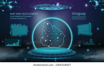 uruguay map light connecting effect background. abstract digital technology UI, GUI, futuristic HUD Virtual Interface with uruguay map. Stage futuristic podium in fog.