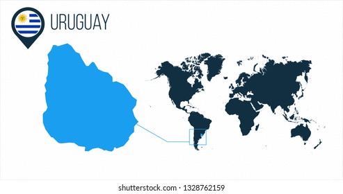 Uruguay map located on a world map with flag and map pointer or pin. Infographic map. Vector illustration isolated on white background.
