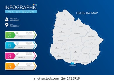 Uruguay map with location pointer marks. High detailed country map with division, cities and capital infographic template. Vector illustration EPS10