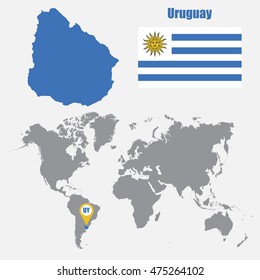 Uruguay map on a world map with flag and map pointer. Vector illustration