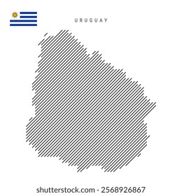 Uruguay map from pattern of black slanted parallel lines. Uruguayan map with gray diagonal lines. Silhouette of a country made of oblique hatching. Vector illustration isolated on white.