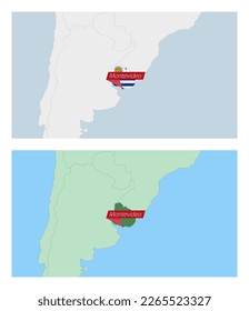 Uruguay map with pin of country capital. Two types of Uruguay map with neighboring countries. Vector template.