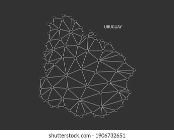 Uruguay Map Point scales on black background. Wire frame polygonal network white line, dot and shadow dot.