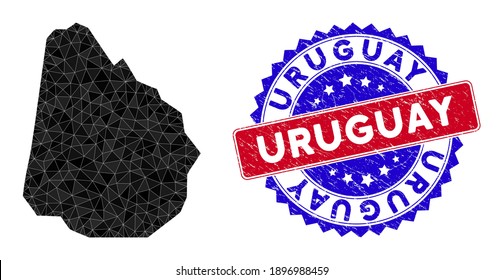Uruguay map polygonal mesh with filled triangles, and grunge bicolor stamp imitation. Triangle mosaic Uruguay map with mesh vector model, triangles have variable sizes, and positions,