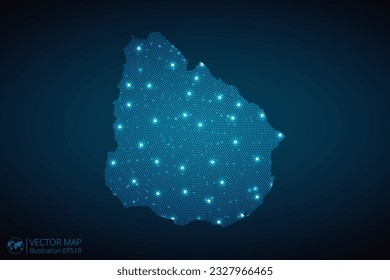 Uruguay map radial dotted pattern in futuristic style, design blue circle glowing outline made of stars. concept of communication on dark blue background. Vector EPS10