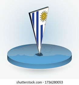 Mapa uruguayo de estilo isométrico redondo con bandera triangular 3D de Uruguay, mapa vector de color azul. 