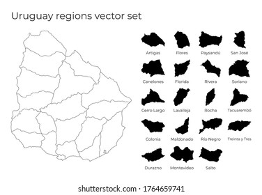 Mapa uruguayo con formas de regiones. Mapa vectorial en blanco del País con regiones. Fronteras del país para tu infografía. Ilustración vectorial.